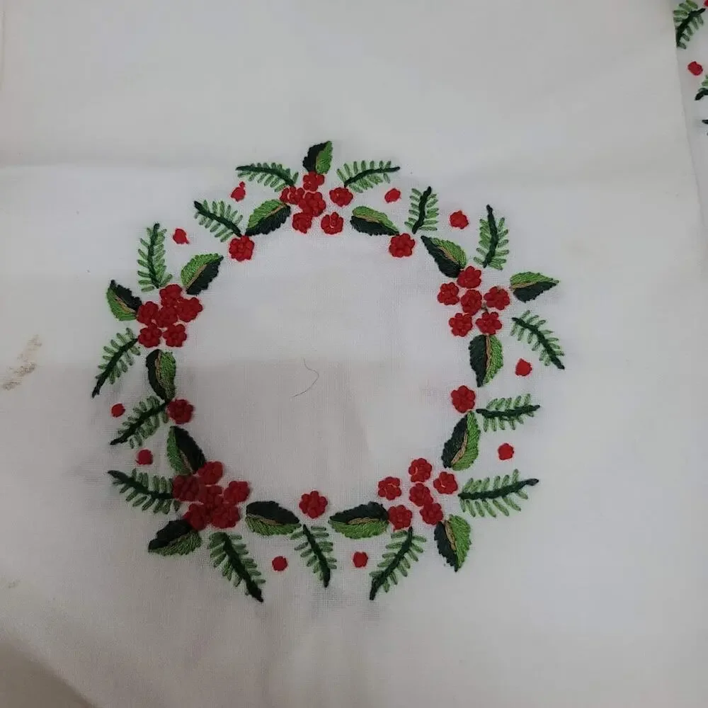 Pair of Two Vintage Linen Hand Embroidered Christmas Tea Towel Holly Green Red